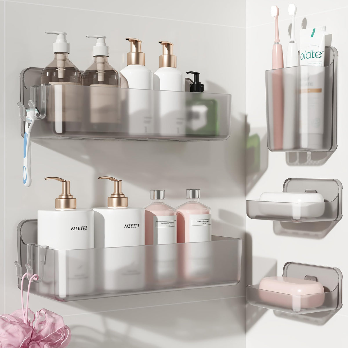 Nieifi Adhesive Shower Shelves, Clear, 5 Pieces