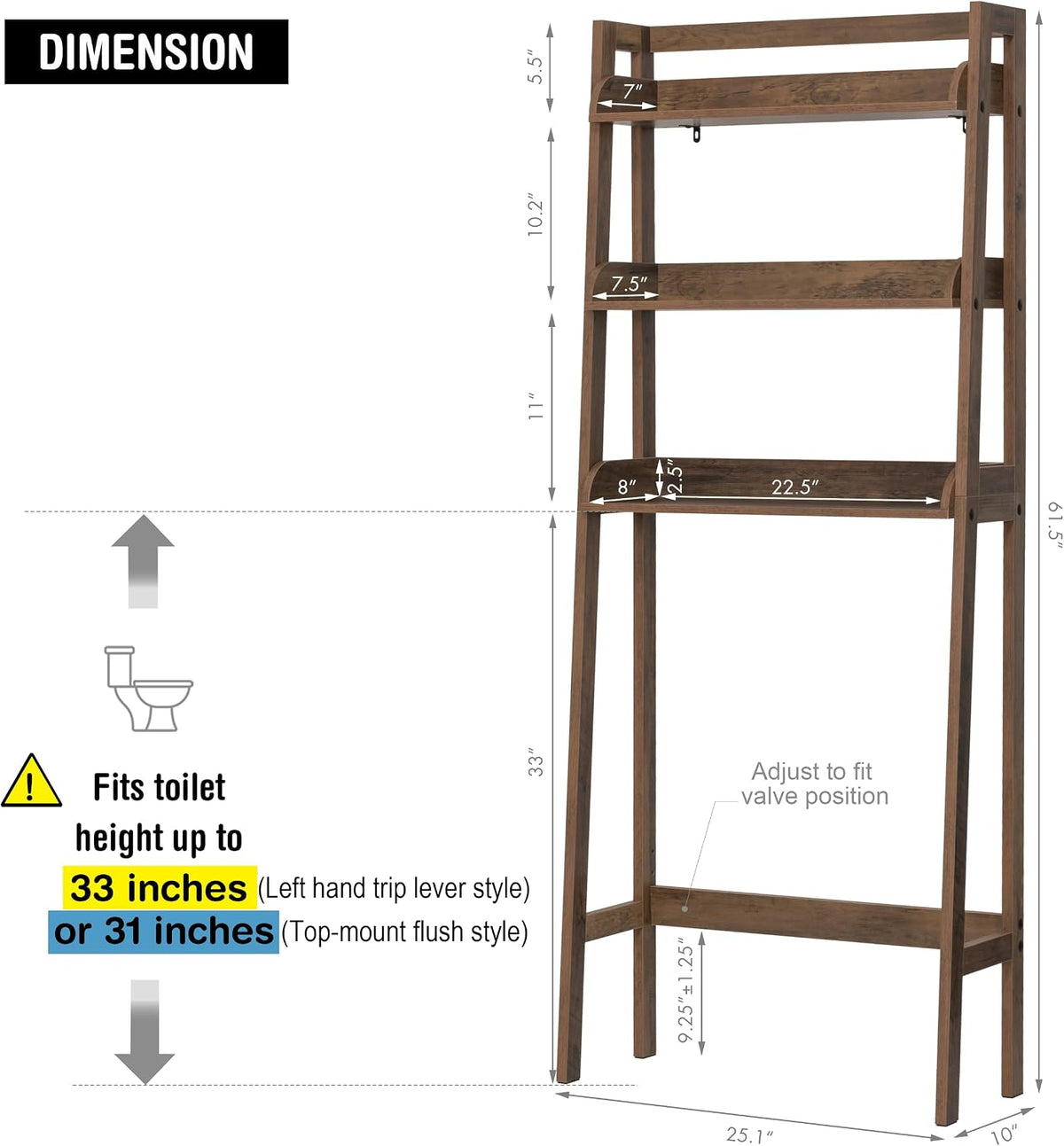 UTEX Over Toilet Bathroom Organizer, 3-Tier Storage Shelf Rack, Wood Grain