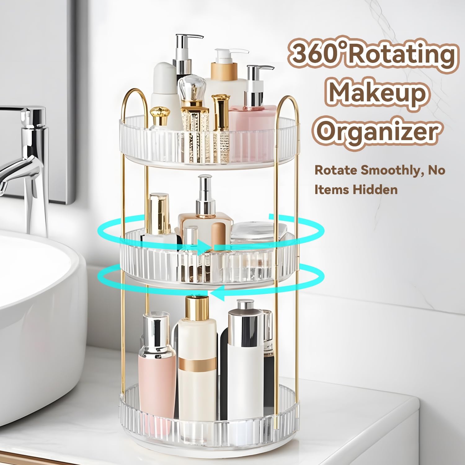 360° Rotating Makeup Organizer for Vanity, 3 Tier Perfume Organizers, Clear