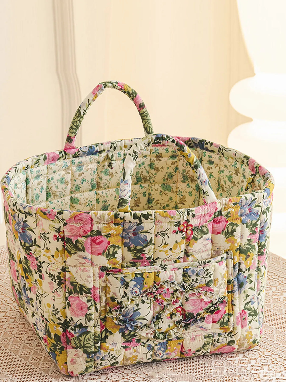 Floral Pattern Fabric Decorative Storage Basket, Portable Home Organizer for Kitchen, Bathroom and Office, Flower, Bathroom Storage Baskets