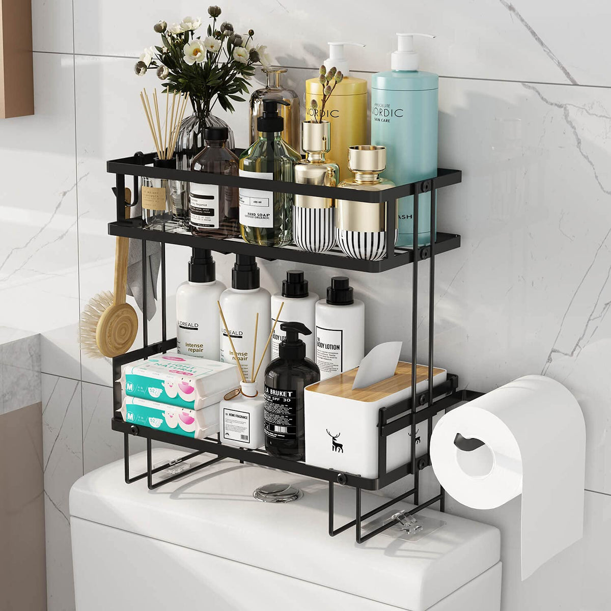 Godboat 2-Tier Over Toilet Storage Shelf, Wall-Mount with 2 Hook/Paper Rack