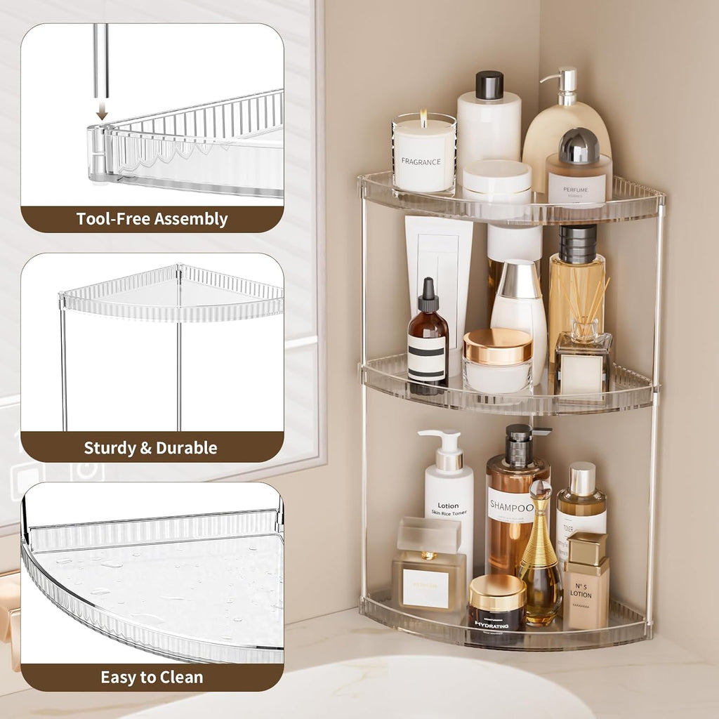 3 Tier Corner Bathroom Counter Organizer, Clear Vanity Makeup Storage Shelf