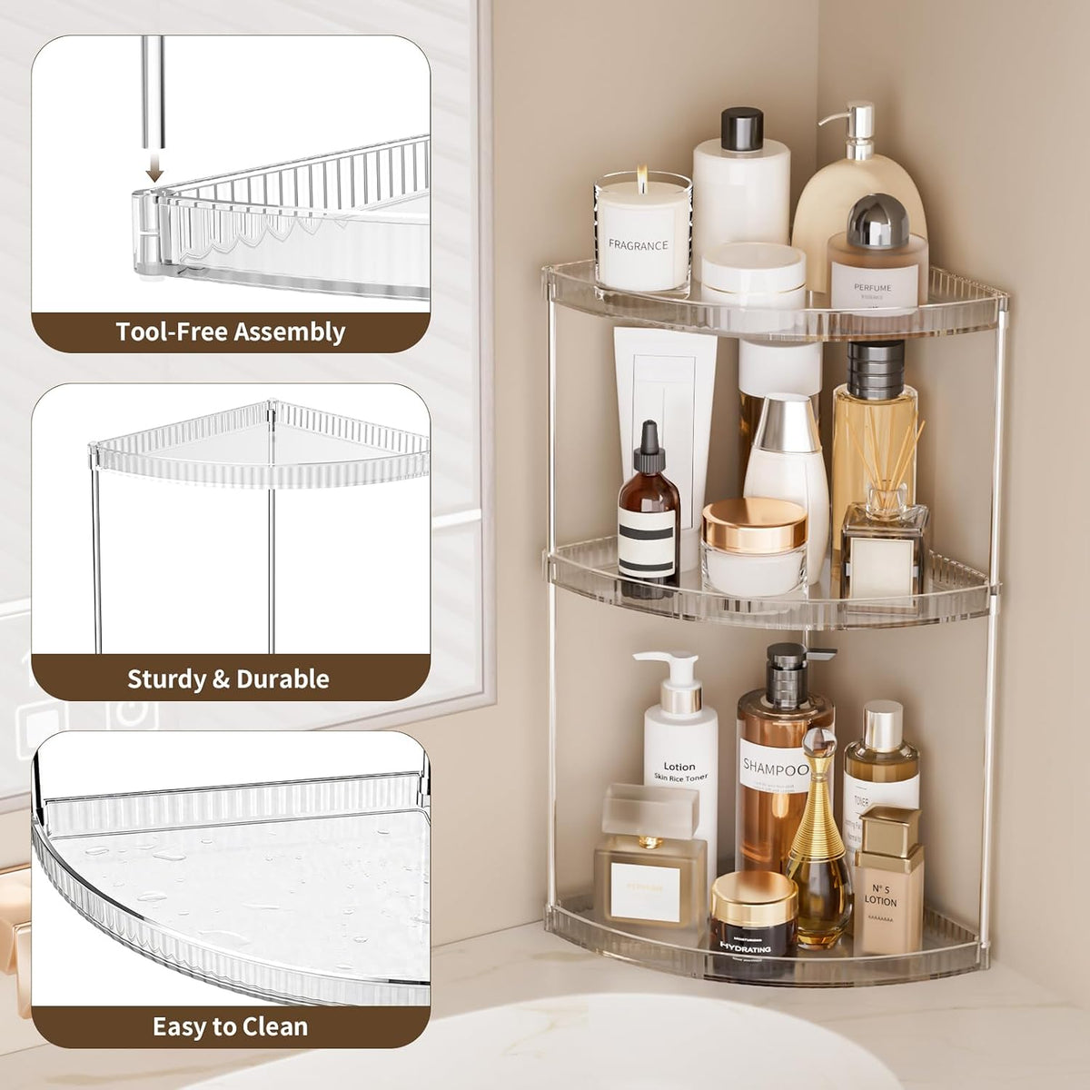 3 Tier Corner Bathroom Counter Organizer, Clear Vanity Makeup Storage Shelf