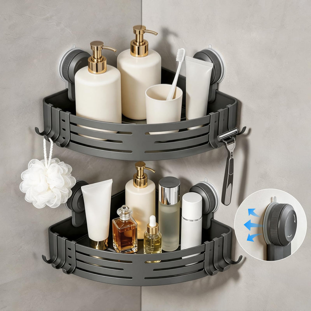 Lekesky Suction Cup Shower Caddy, No Drill Shower Shelf, Aluminum Rust Proof Bathroom Shower Organizer with 12 Hooks (2-Pack, Gunmetal Gray)