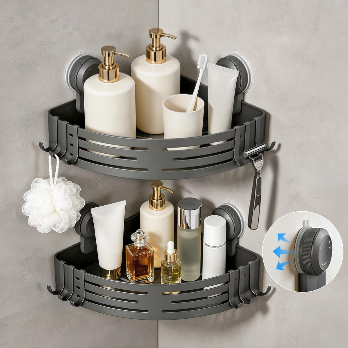Lekesky Suction Cup Shower Caddy, No Drill Shower Shelf, Aluminum Rust Proof Bathroom Shower Organizer with 12 Hooks (2-Pack, Gunmetal Gray)