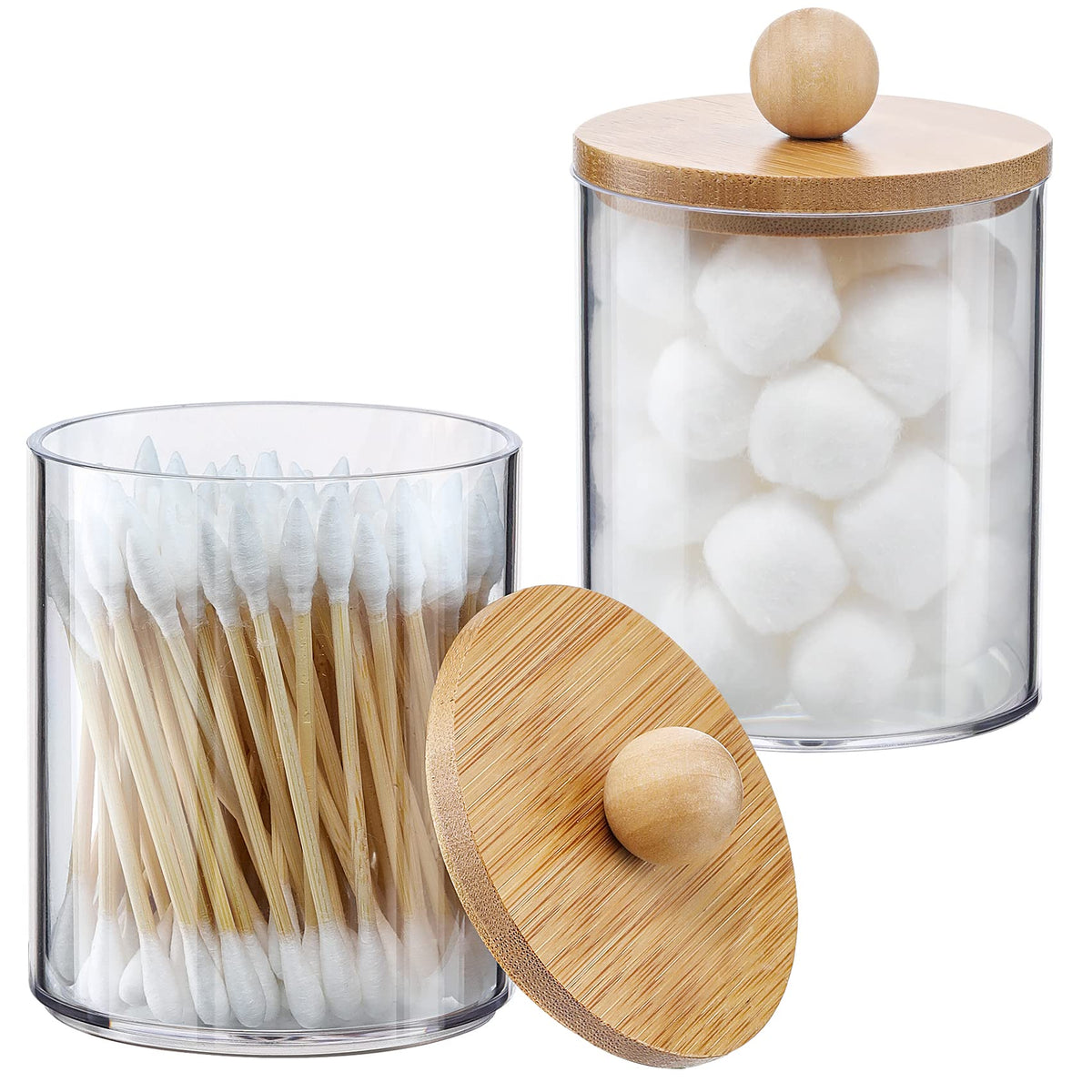 4 Pack Qtip Holder Dispenser with Bamboo Lids - 10 oz Clear Plastic Apothecary Jar Containers for Vanity Makeup Organizer Storage - Bathroom Accessories Set for Cotton Swab, Ball, Pads, Floss