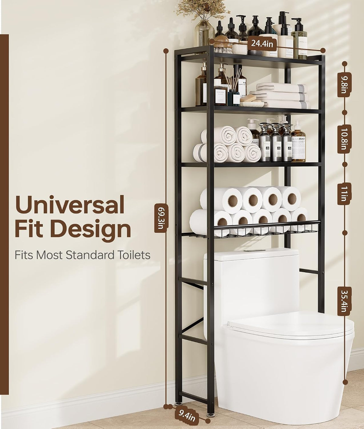 4-Tier Over-the-Toilet Storage Rack with One-Piece Wooden Shelves & Open Net Basket, Bathroom Organizer with Adjustable Feet & Anti-Tip Kit, Space-Saving Toilet Shelf, Brown, 24.4" x 9.4" x 69.3"
