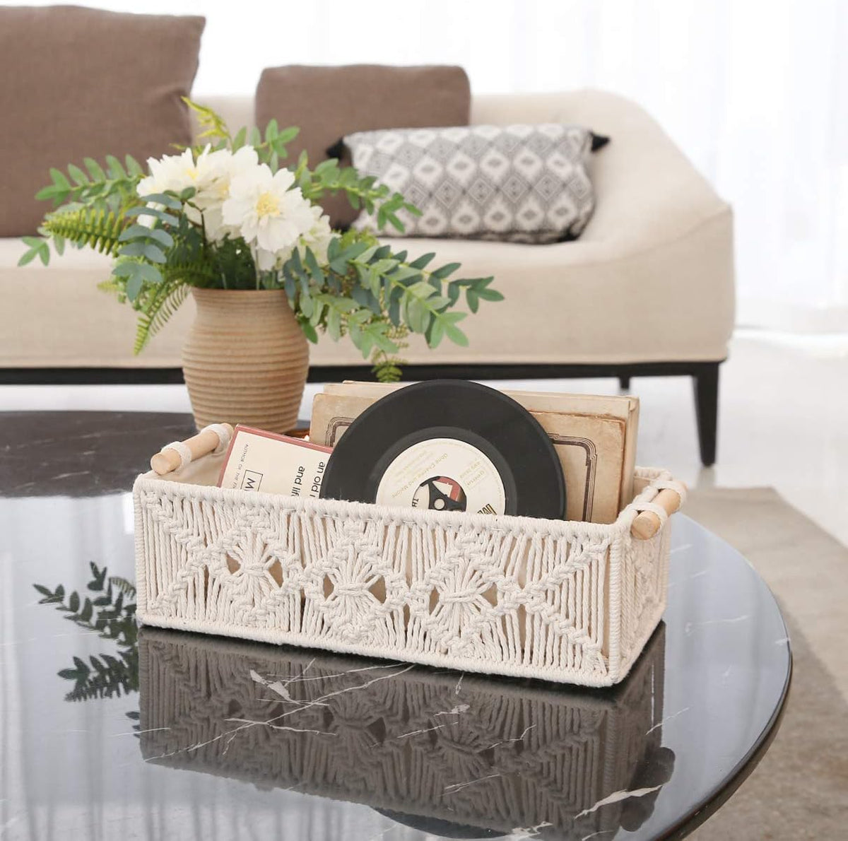 Mkono 2Pc Macrame Storage Basket, Boho Decor Toilet Paper Holder, Ivory