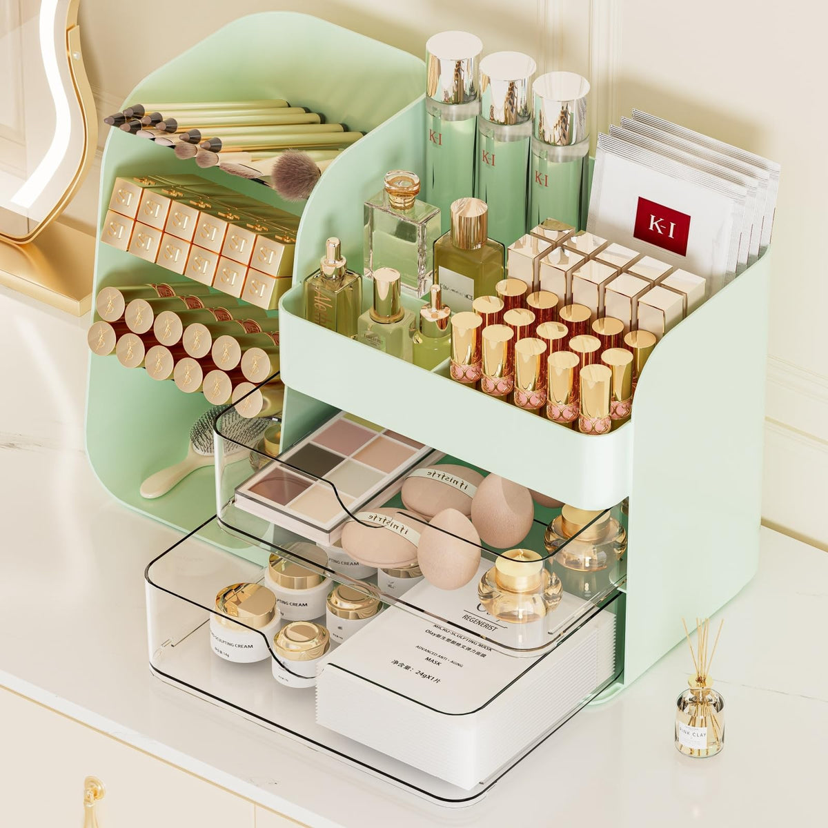 Booklov Small Makeup Organizer for Vanity Countertop, Cream