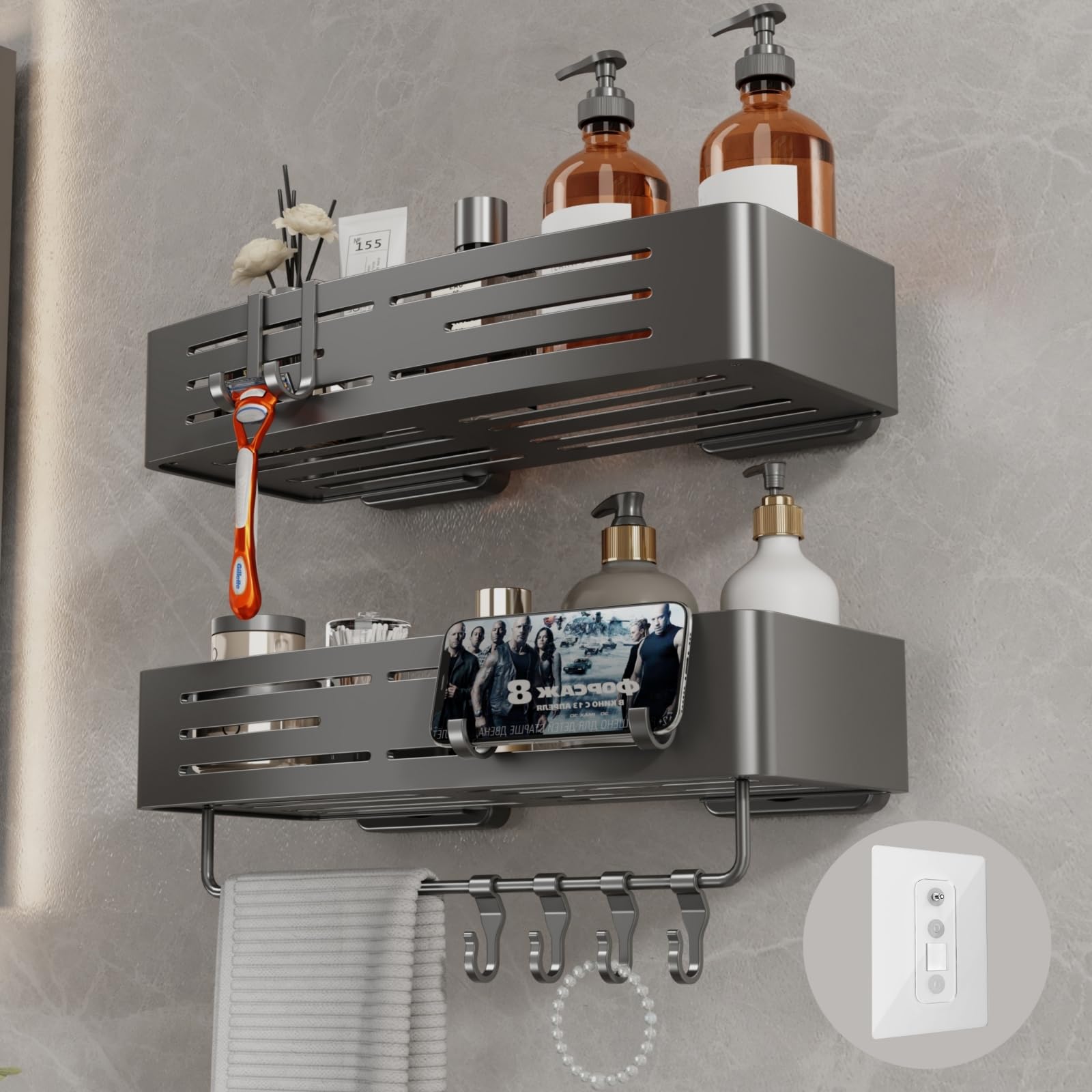 Voldra Shower Caddy Suction Cup, 2 Pack Shower Shelves for Inside Shower No Drilling, Aluminum Suction Showers Organizer with Towel Bar & Hooks Removable Bathroom Shelf Storage Rack(Gray)