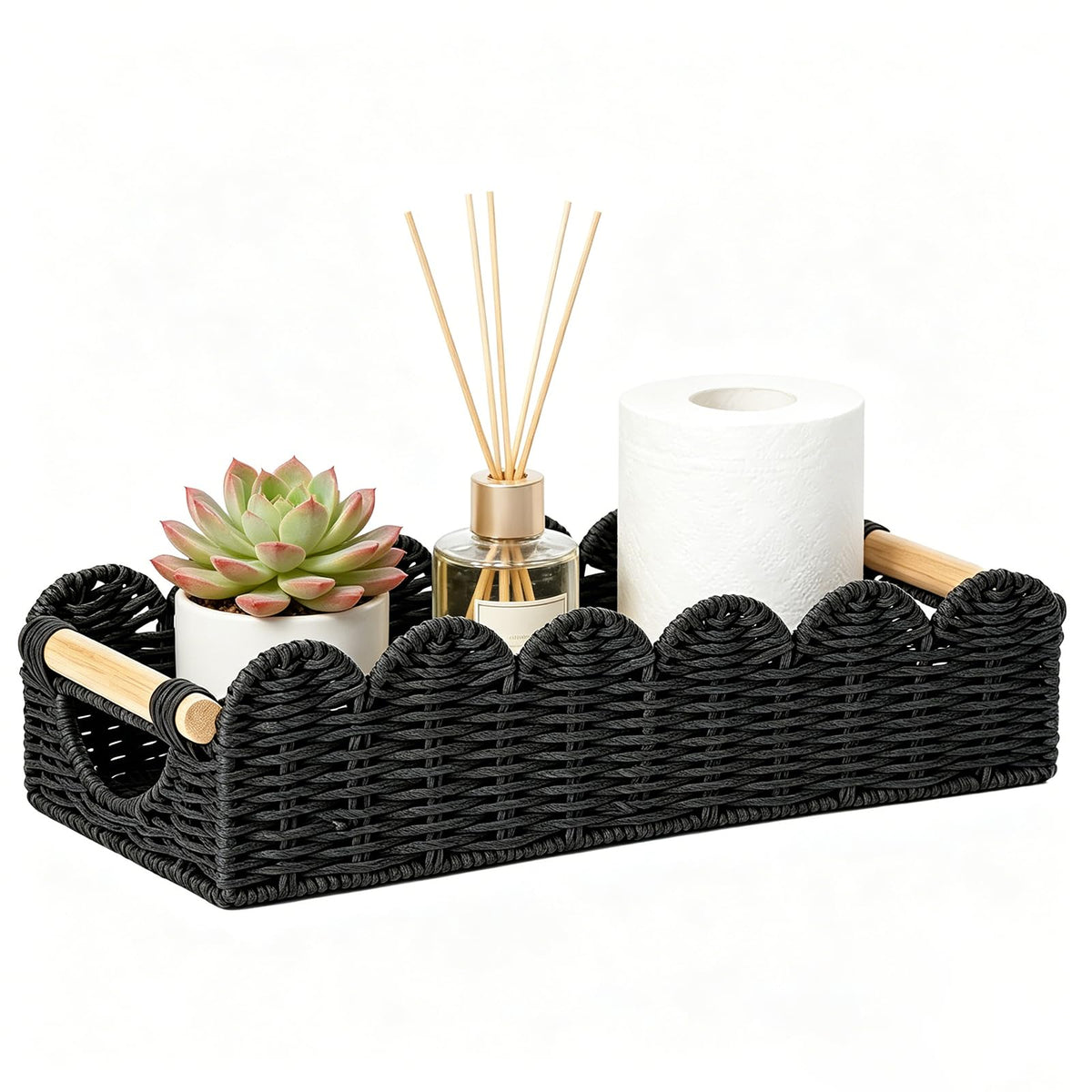 Upgraded Bathroom Basket Organizer w/Cut Out Handle, Back of Toilet Paper Storage Baskets Tray for Bathroom Countertop Decorative, Scalloped Wicker Basket Also for Home Decor, Living Room (Neutral)