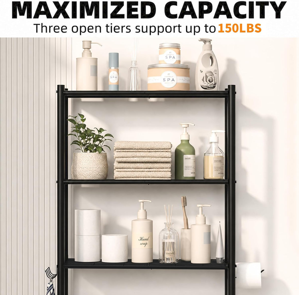GloTika 3-Tier Over Toilet Storage, Anti-Tilt, 64" H, Black