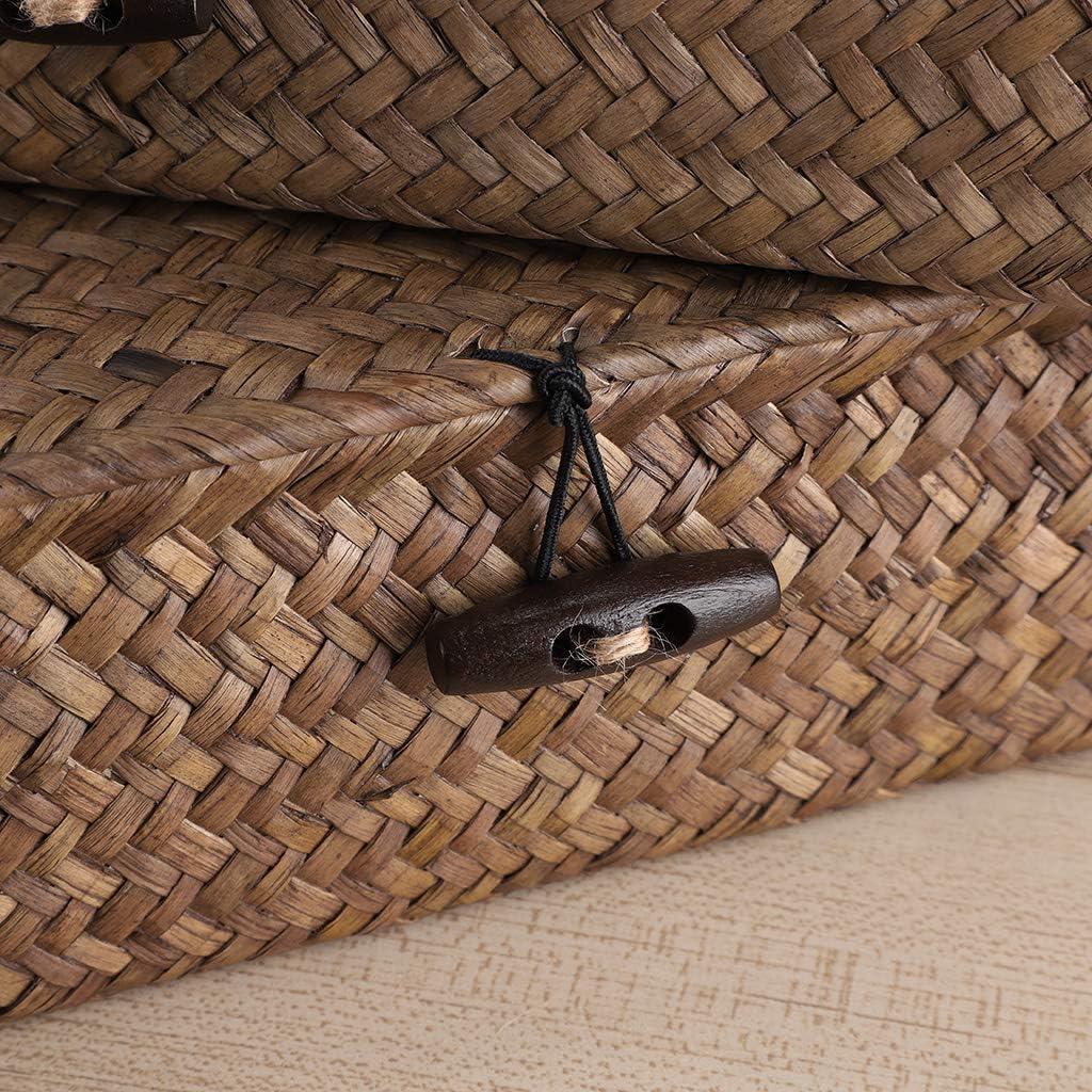Hipiwe Set of 2 Flat Wicker Storage Basket Bins with Lid Woven Seagrass Box