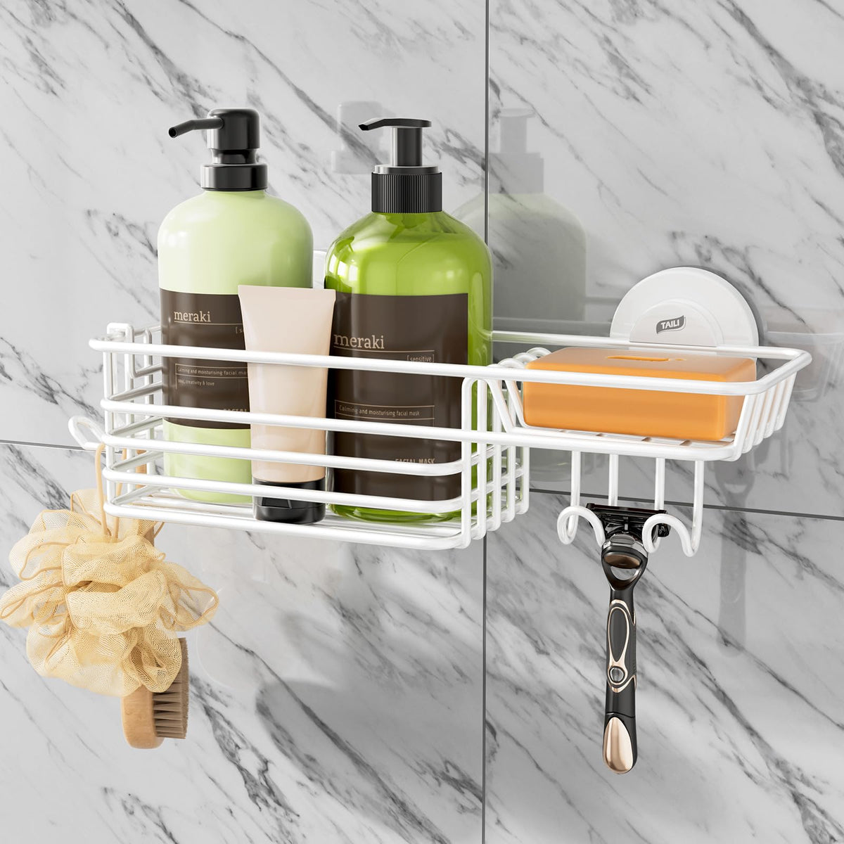 TAILI Shower Caddy Suction Cup 2 Pack with Hooks & Soap holder, Black