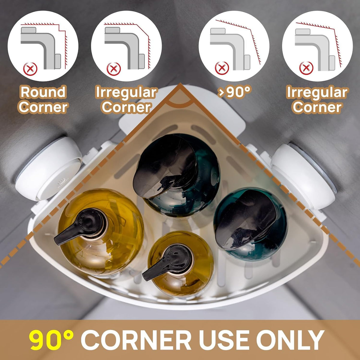 LEVERLOC Corner Shower Caddy Suction Cup, shower shelves suction cup, White