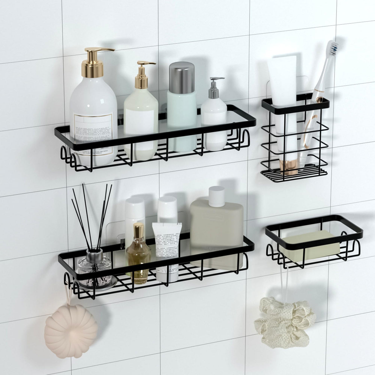 Shower Caddy Organizer with Hooks,Self Adhesive Bathroom Shelves,No Drilling Bathroom Organizers and Storage,Perfect for RV, Apartment, Home Decor,White 4PCS