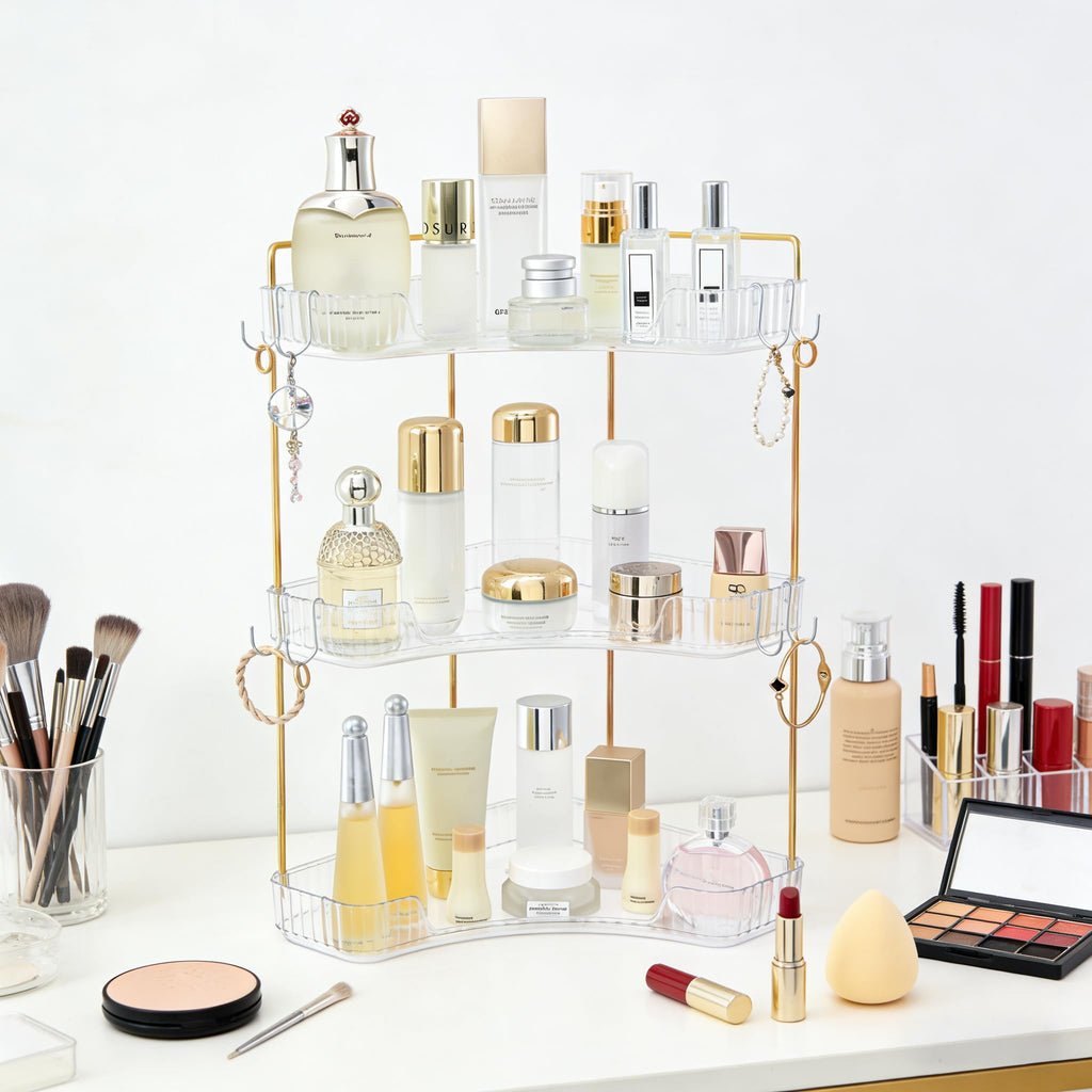 2-Tier Corner Bathroom Organizer Countertop with Hooks, for Makeup/Skincare