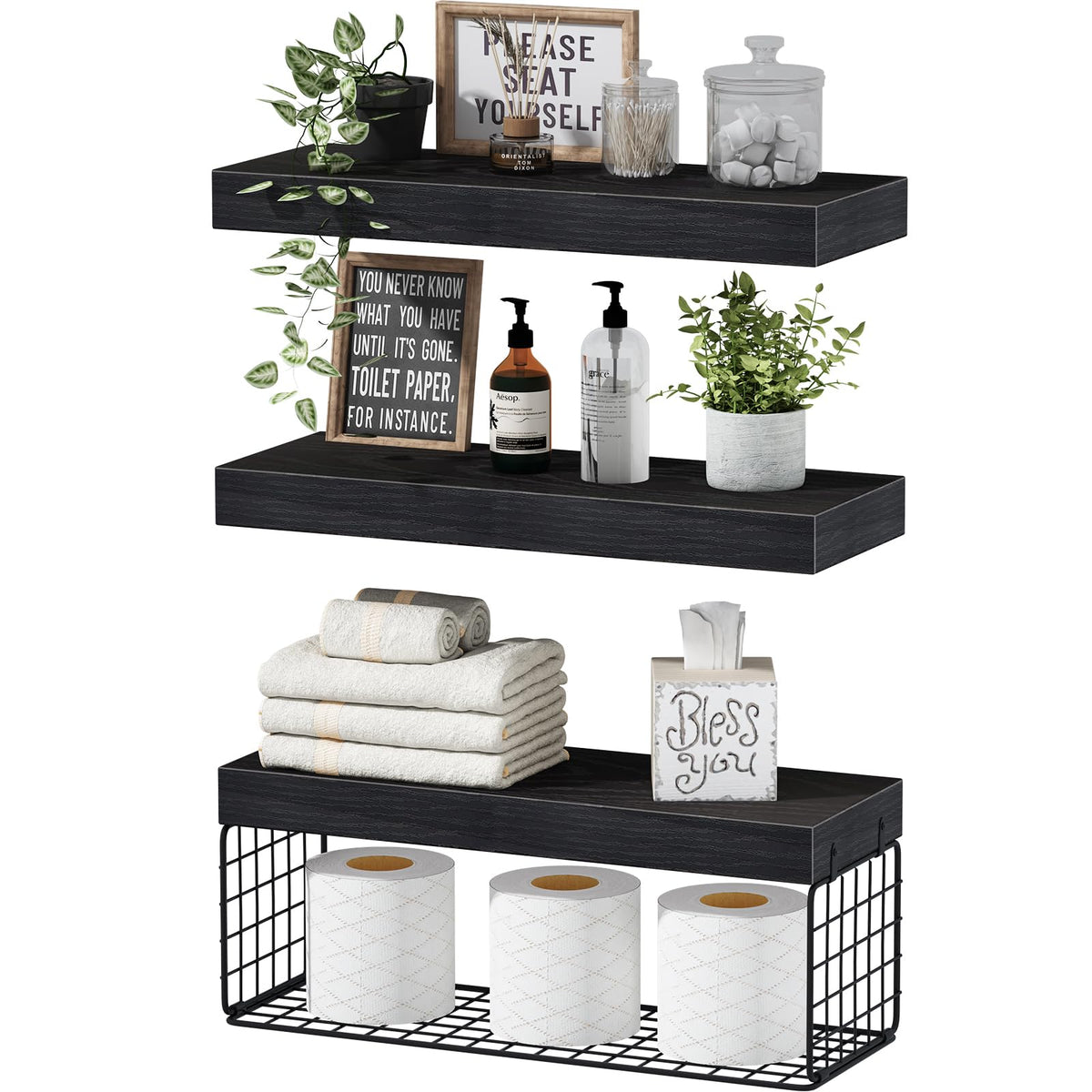 QEEIG Bathroom Shelves Over Toilet Wall Mounted (Brown, Set of 3, 15.7")