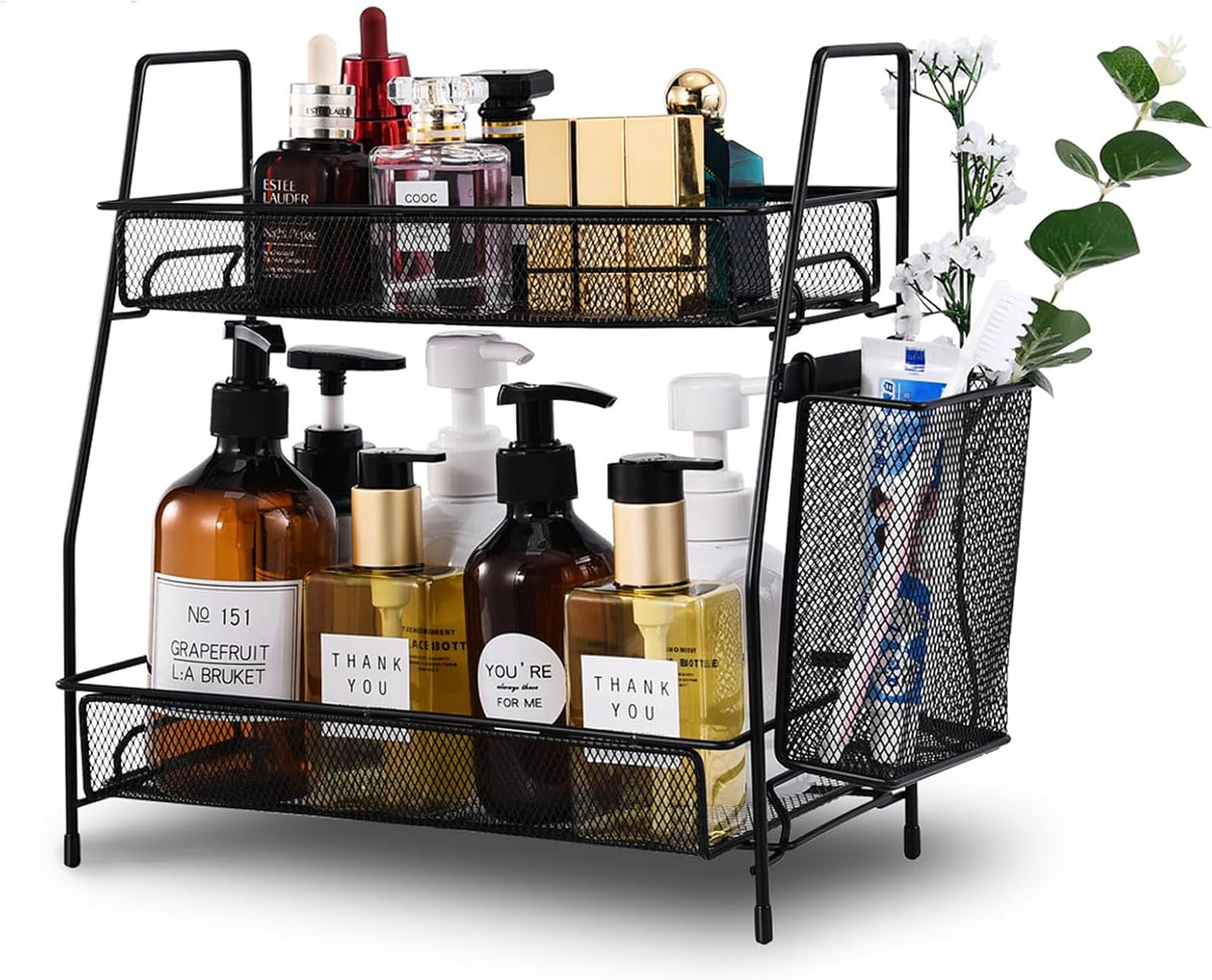 LEMIKKLE 2-Tier Bathroom Countertop Organizer,Skincare, Makeup Countertop Organizers, Kitchen, Bathroom Counter Storage with Small Basket (Black)