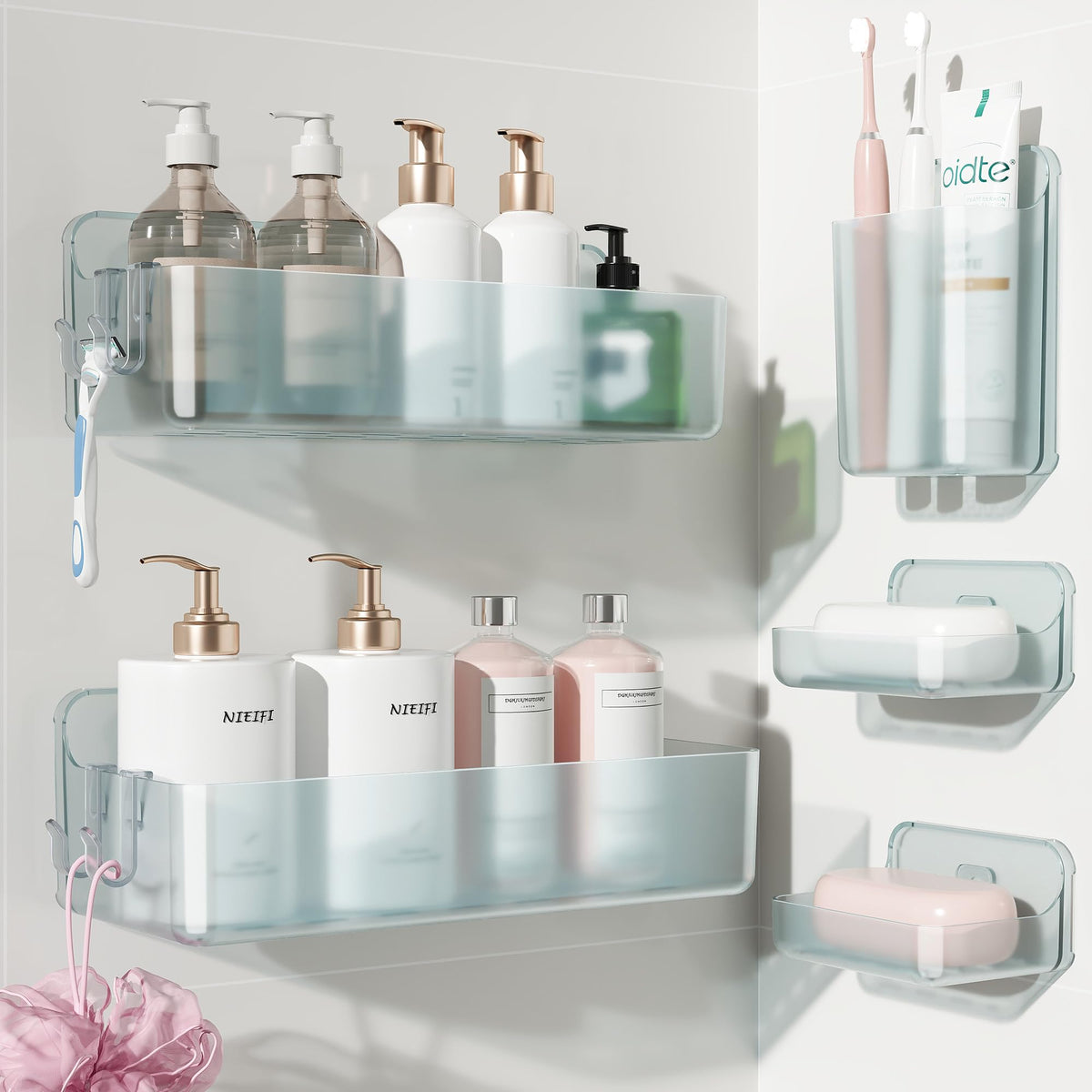 Nieifi Adhesive Shower Shelves, Clear, 5 Pieces