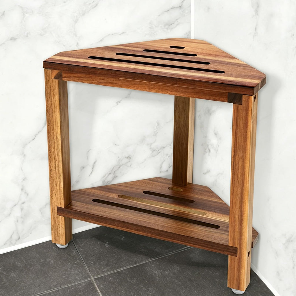IBosins Corner Shower Stool 14in Small Bench Storage Shelf Natural Finish