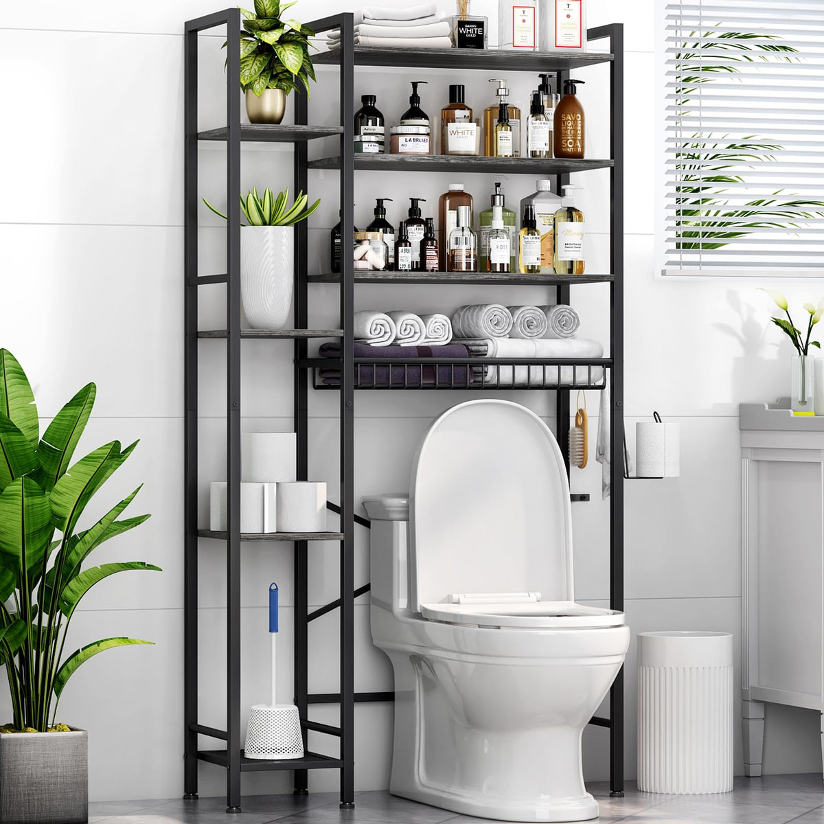 Kalrin 8-Tier Over The Toilet Storage with Side Rack, Over Toilet Storage Rack with Adjustable Shelf & Drain Basket, Freestanding Bathroom Organizer for Balcony, Laundry (Vintage Brown)