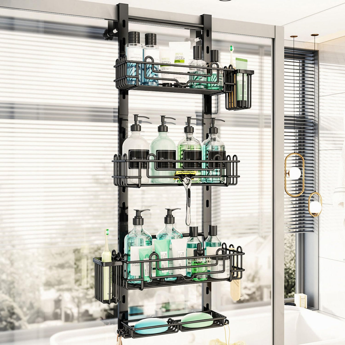 HapiRm Over the Door Shower Caddy - 4-Tier Hanging Shower Organizer with 22 Hooks and 2 Toothbrush Holders, No Drilling Adjustable Hanging Shelves for Bathroom - Black