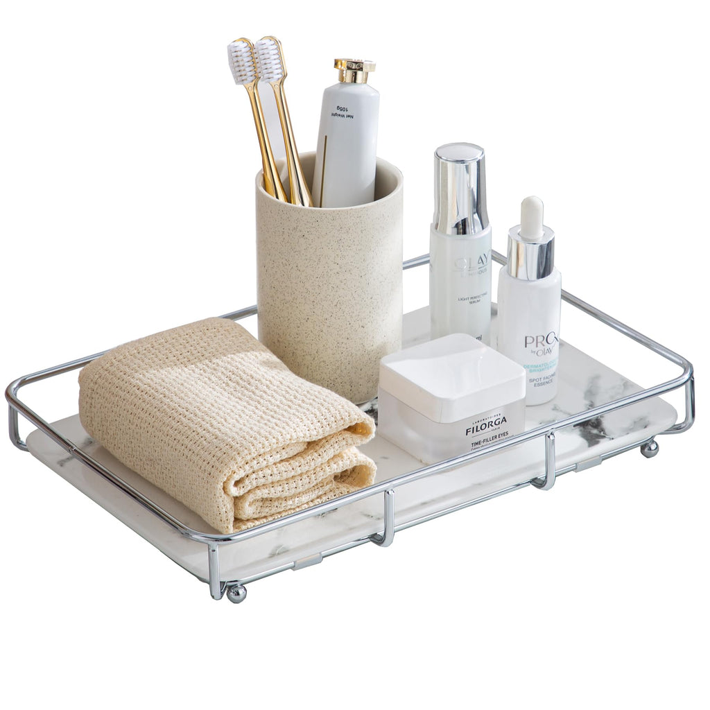Bathroom Organizer Countertop Perfume Organizer Makeup Organizer Cosmetics Storage Display Rack Vanity Tray Dresser Stainless Steel Gold Shelf White Marble Ceramic Tray