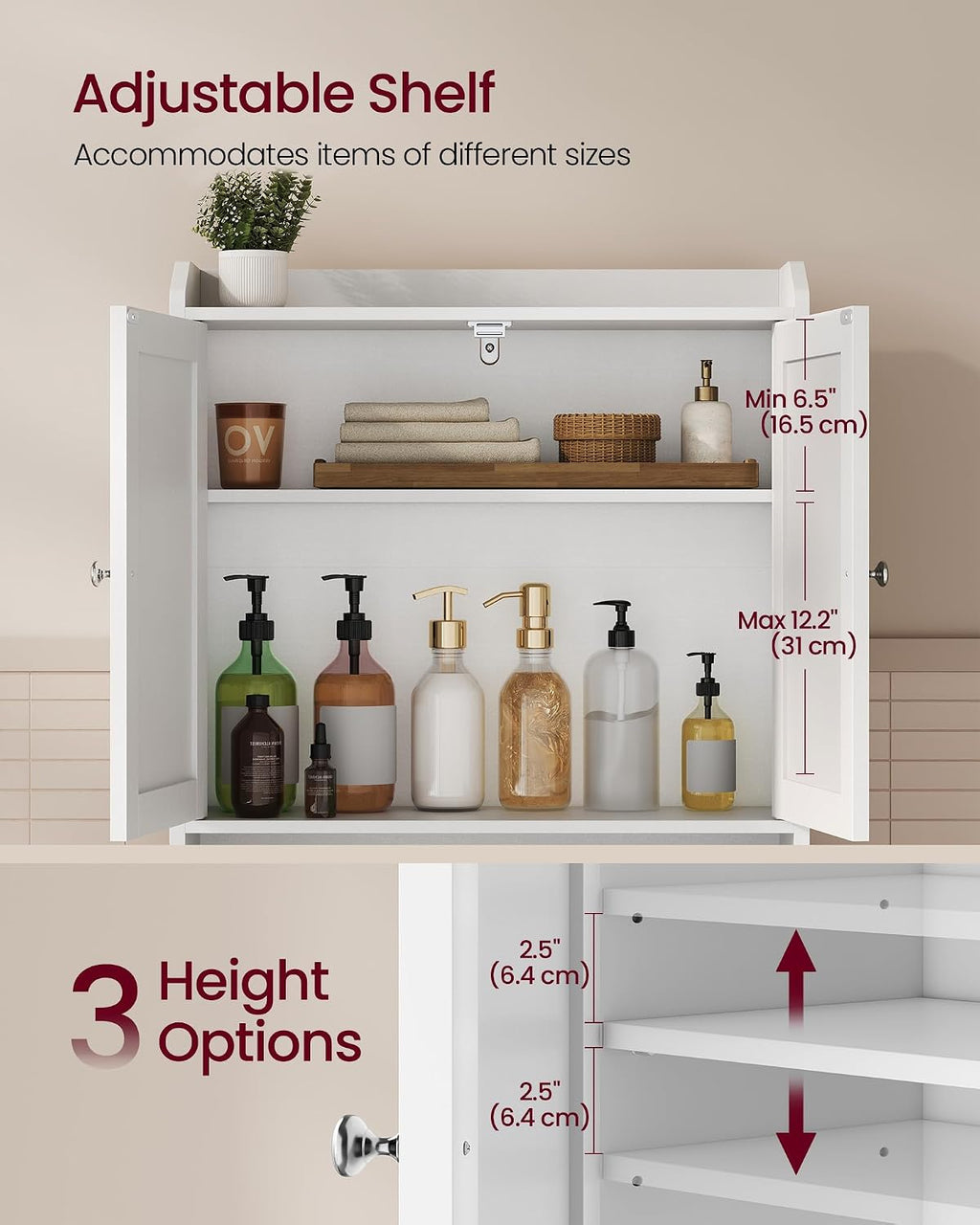 VASAGLE Over the Toilet Storage Cabinet, Doors, Adjustable Shelves, 24.6''W