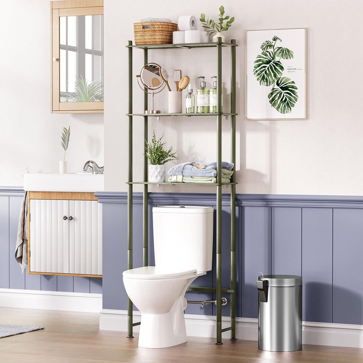 AmazerBath Bamboo Over The Toilet Storage Shelf, 3-Tier Bathroom Over Toilet Organizer Rack, Freestanding Above Toilet Shelf for Bathroom, Laundry, Space Saver, Natural Color