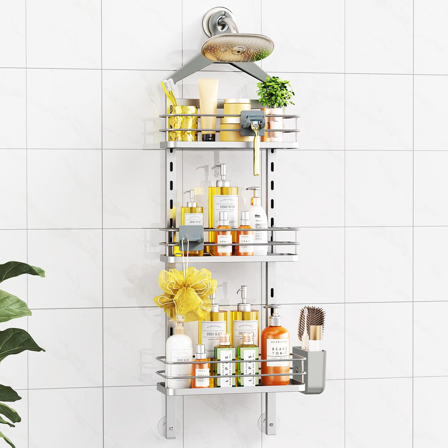 ODesign 4 Tier Adjustable Shower Organizer Hanging Over Showerhead Black