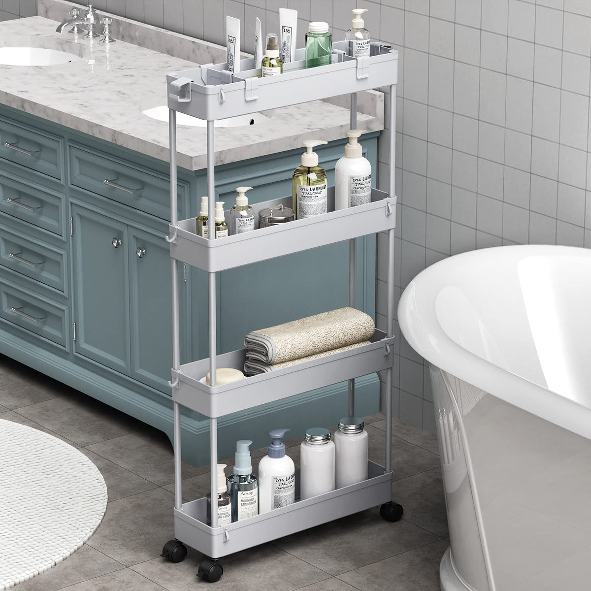 SPACELEAD Slim Storage Cart 4 Tier,Bathroom Organizer Rolling Utility, Mobile Shelving Unit Slide Out for Office, Kitchen, Laundry Room & Narrow Places,White