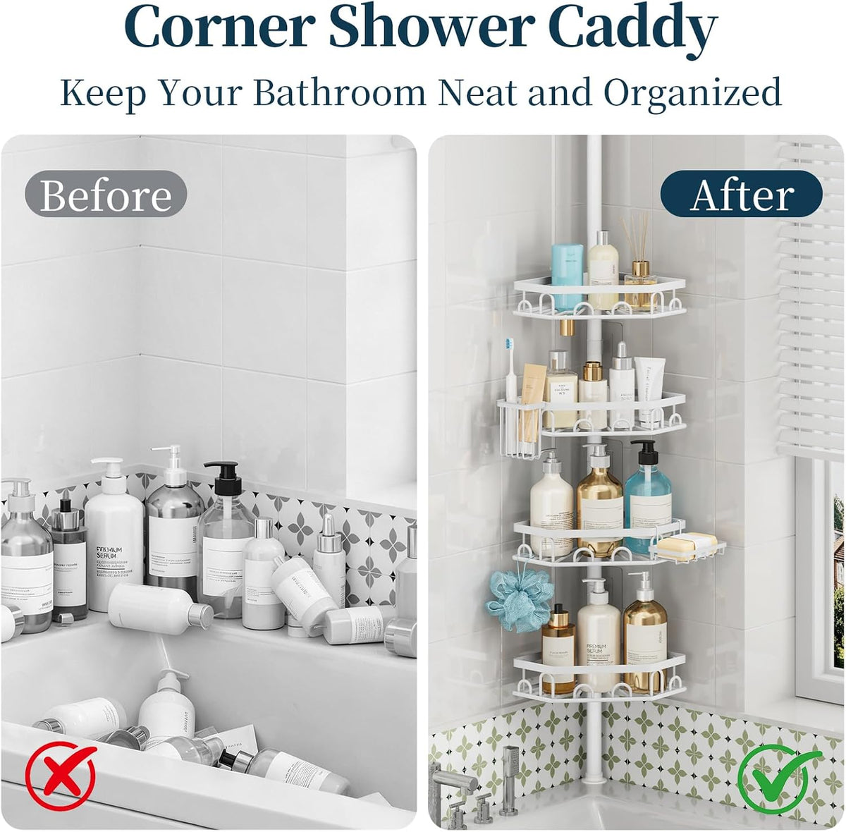Consumest Shower Caddy Tension Pole - 4 Tier Corner Shower Shelves with Brush & Soap Holder, 304 Stainless Steel Rustproof Adjustable Organizer Rack for Bathtub, Bathroom, 27.6-108.3 Inch, White