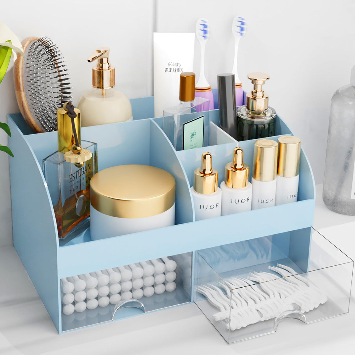 Makeup Organizer with Drawers, Cosmetic Storage for Dresser Vanity and Bathroom Countertop, Beauty Holder for Lipstick Brush, Skincare Organizer for Vanity, Cosmetic Display Case (Black)