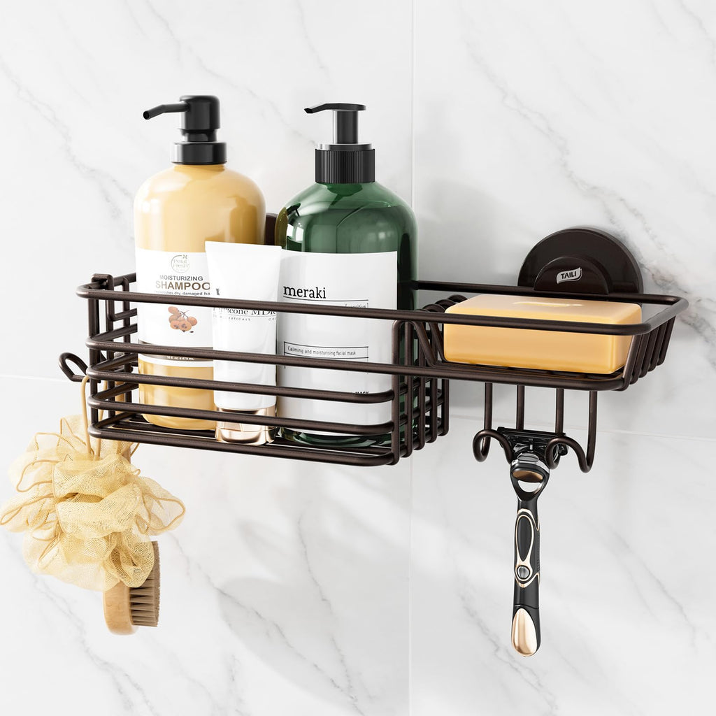 TAILI Shower Caddy Suction Cup 2 Pack with Hooks & Soap holder, Black