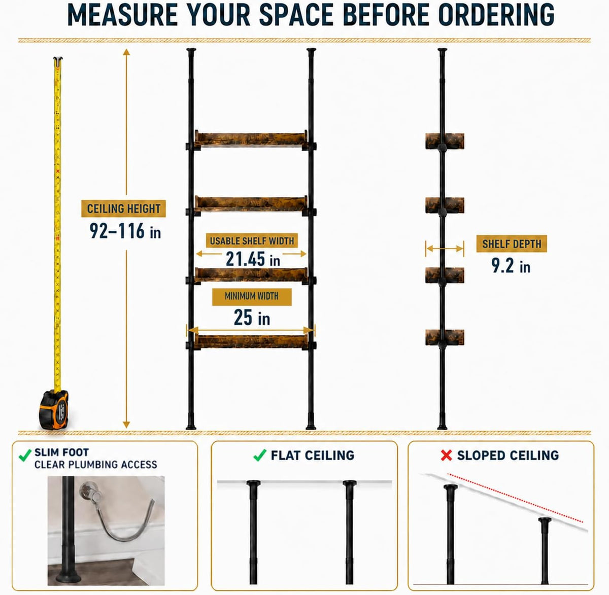 ALLZONE Tension Over The Toilet Storage Cabinet, No-Drill, Fits 92-116 in.