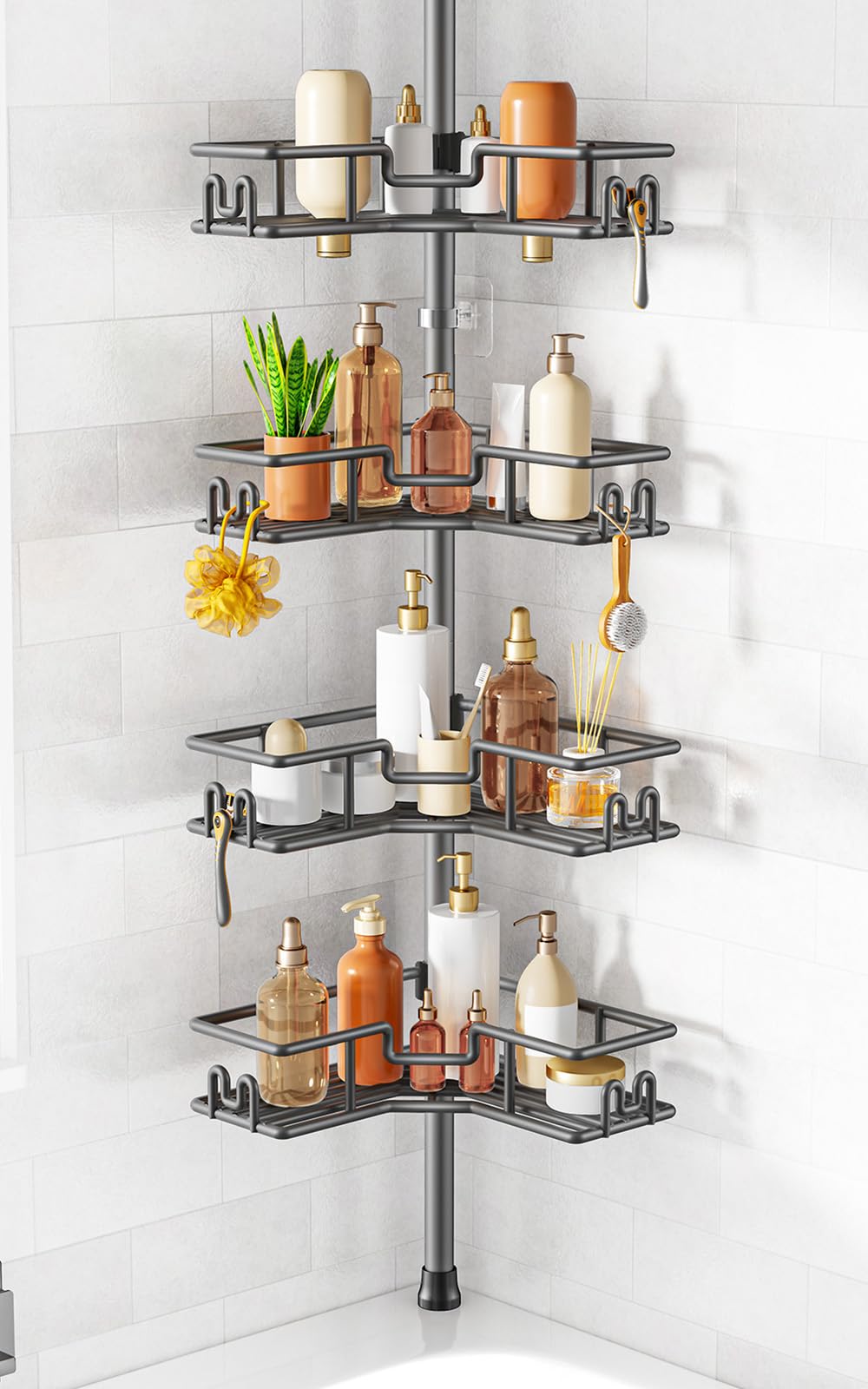 HAMITOR Shower Caddy Tension Pole: 4-Tier Adjustable Corner Organizer Black