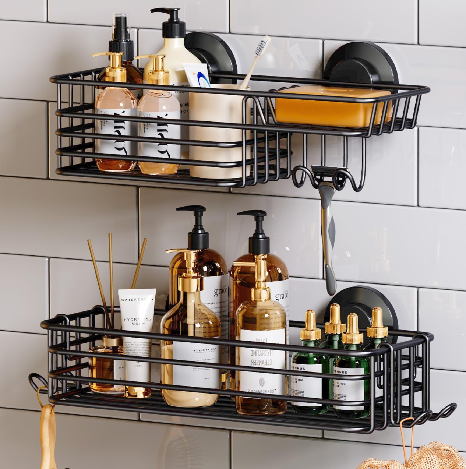 TAILI Shower Caddy Suction Cup 2 Pack with Hooks & Soap holder, Black