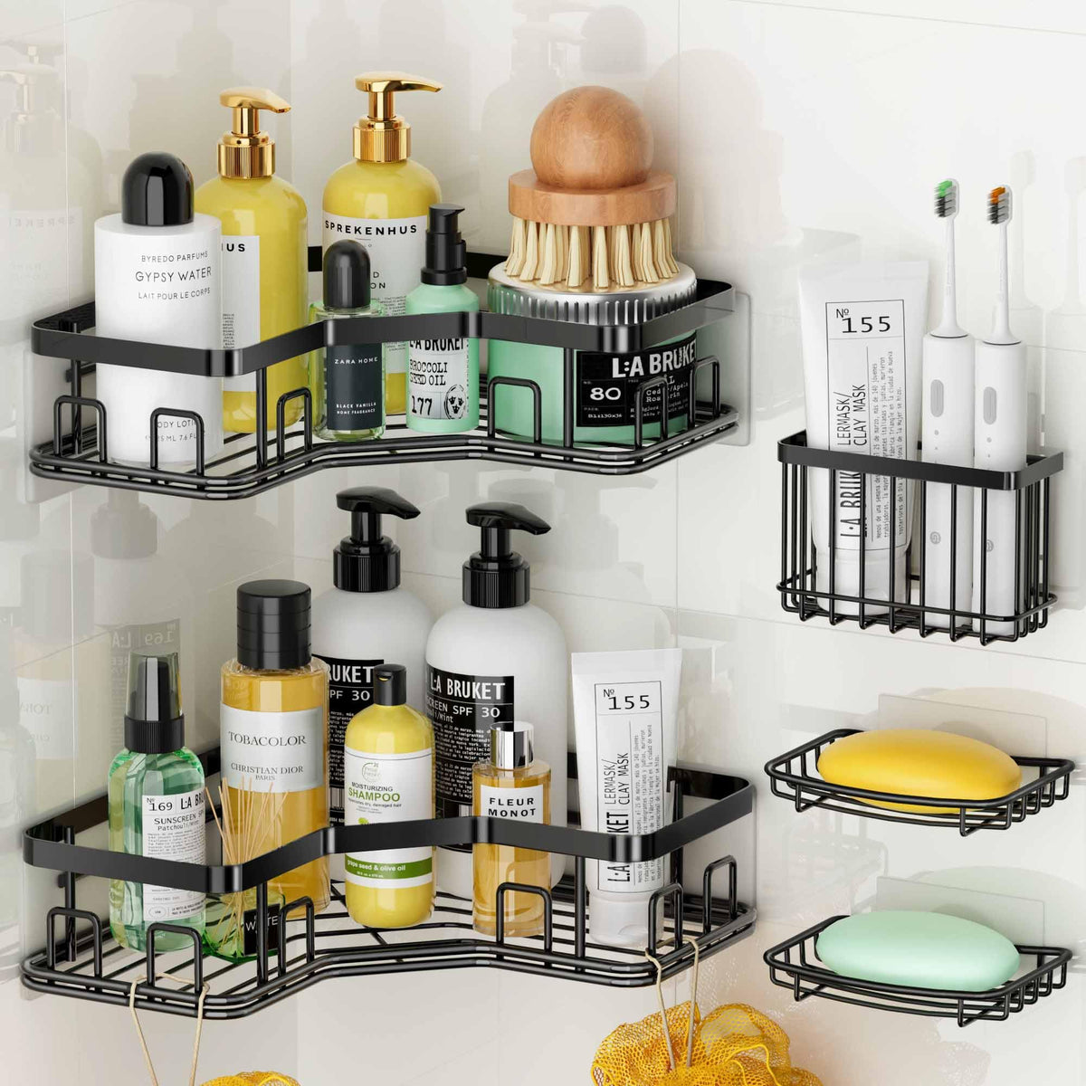 MAXIFFE 3 Pack Corner Shower Caddy with Soap Holder, Large Capacity Sturdy Easy Install No Drilling Stainless Steel Hold 40 LBS Shower Organizer Shelves Rack Storage for Family Renters Bathroom, Black