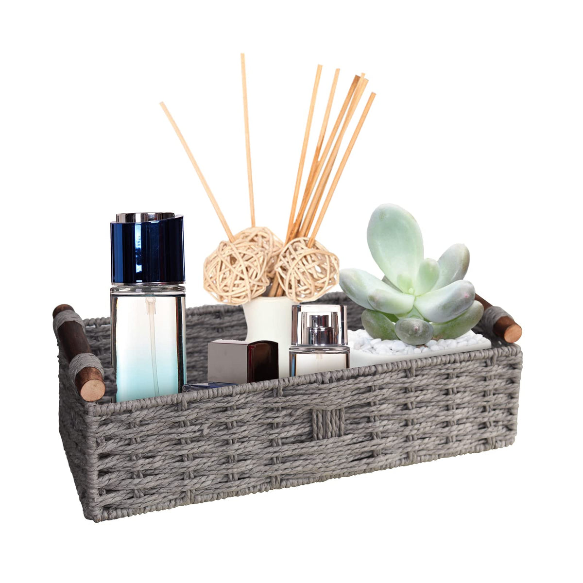 Round Paper Rope Storage Basket Wicker Baskets for Organizing with Handle Decorative Storage Bins for Countertop Toilet Paper Basket for Toilet Tank Top Small Baskets Set,Green
