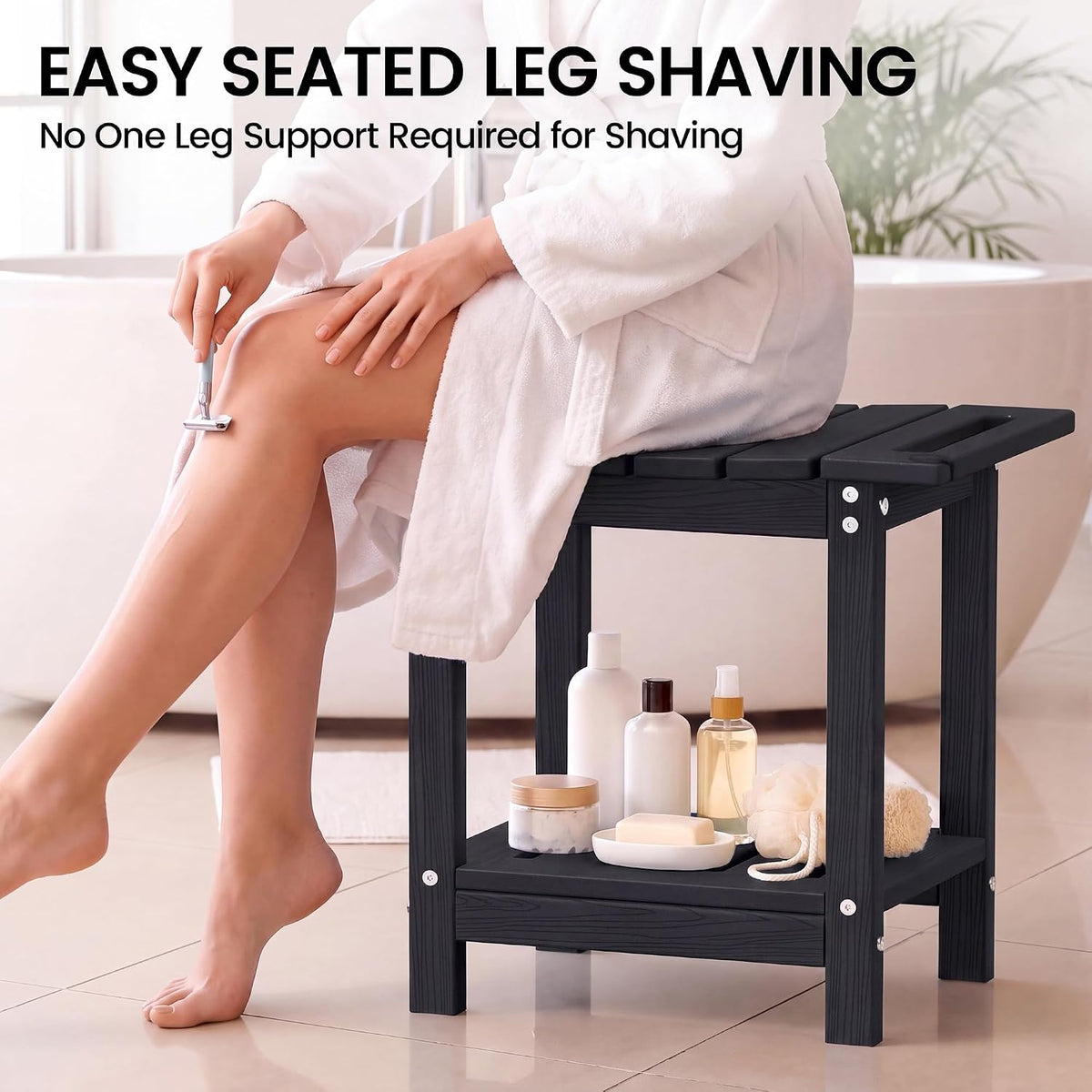 Plawdlik Shower Stool with Shelf, HDPE Weather‑Resistant Shower Bench