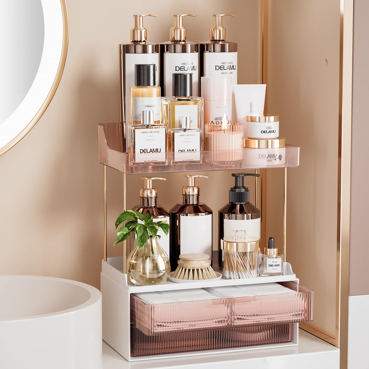 Delamu 4-Tier Makeup Organizer, Bathroom Counter Storage, 2 Drawers, Amber