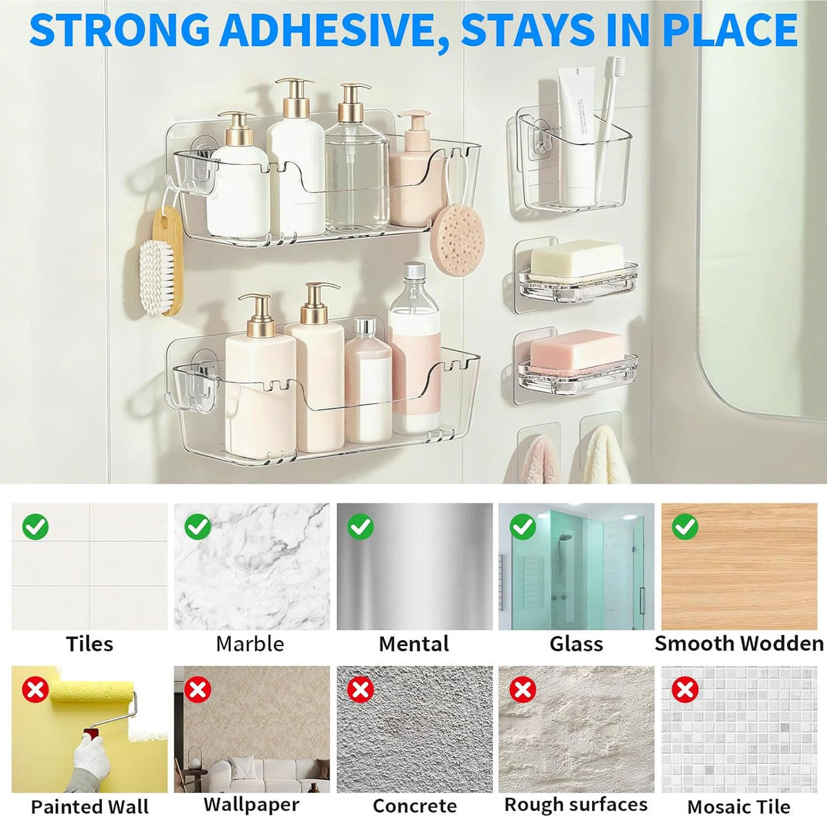 CGBE 5-Pack Adhesive Shower Caddy Set, No-Drill Bathroom Shelves
