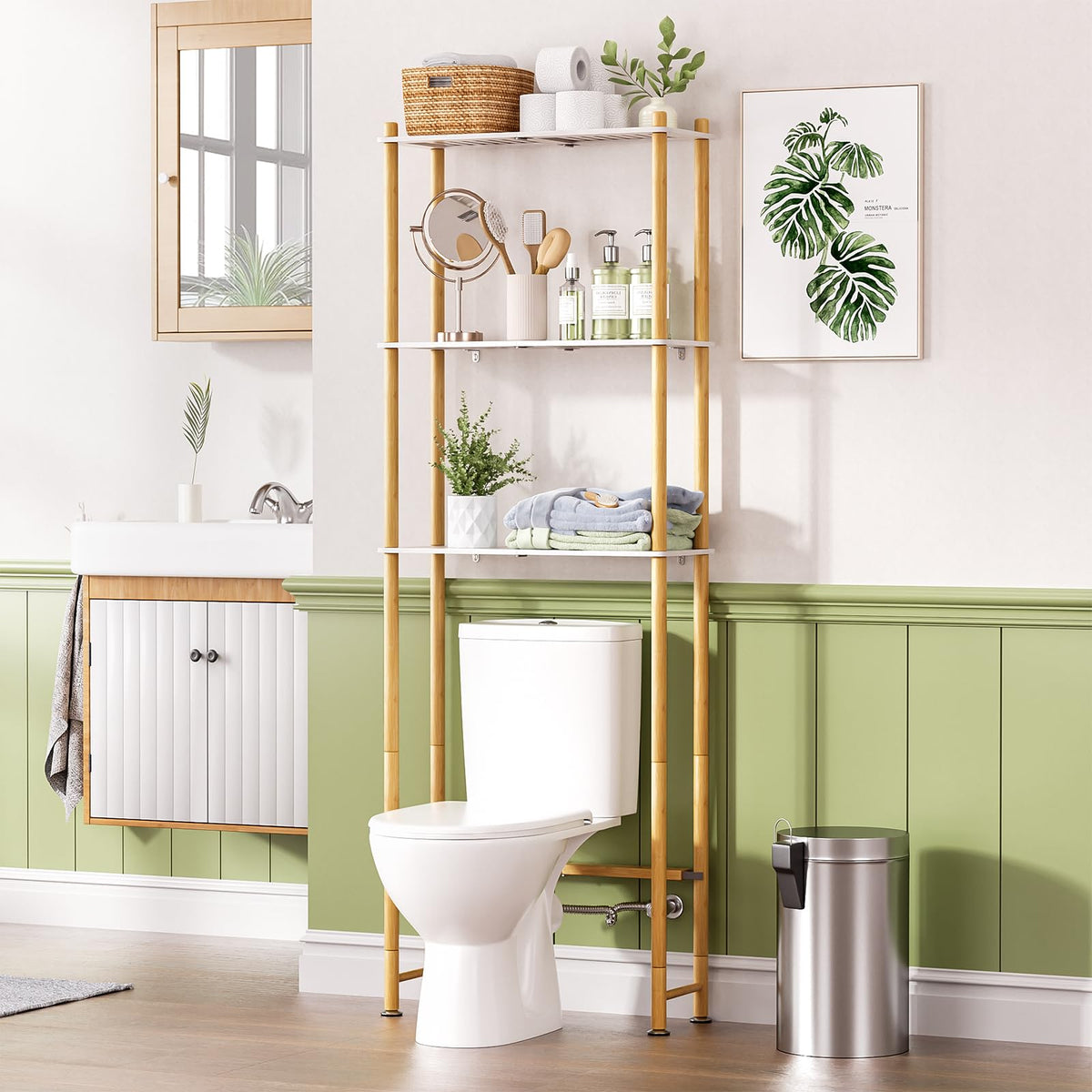 AmazerBath Bamboo Over The Toilet Storage Shelf, 3-Tier Bathroom Over Toilet Organizer Rack, Freestanding Above Toilet Shelf for Bathroom, Laundry, Space Saver, Natural Color