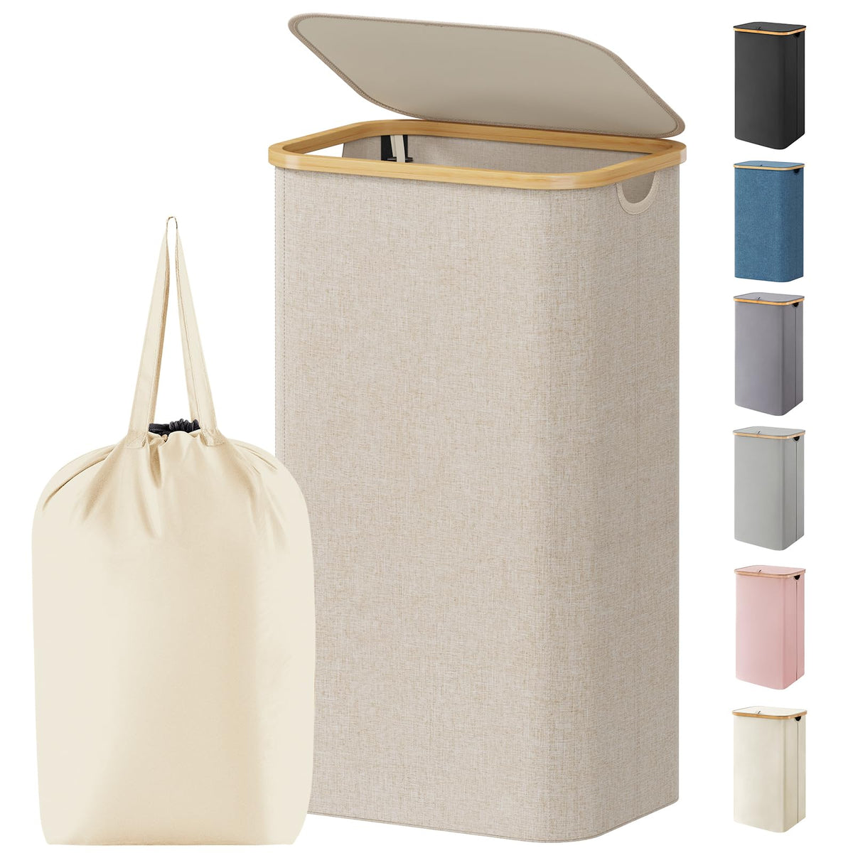 Lifewit 105L Large Laundry Basket with Lid, Removable Bags, Beige