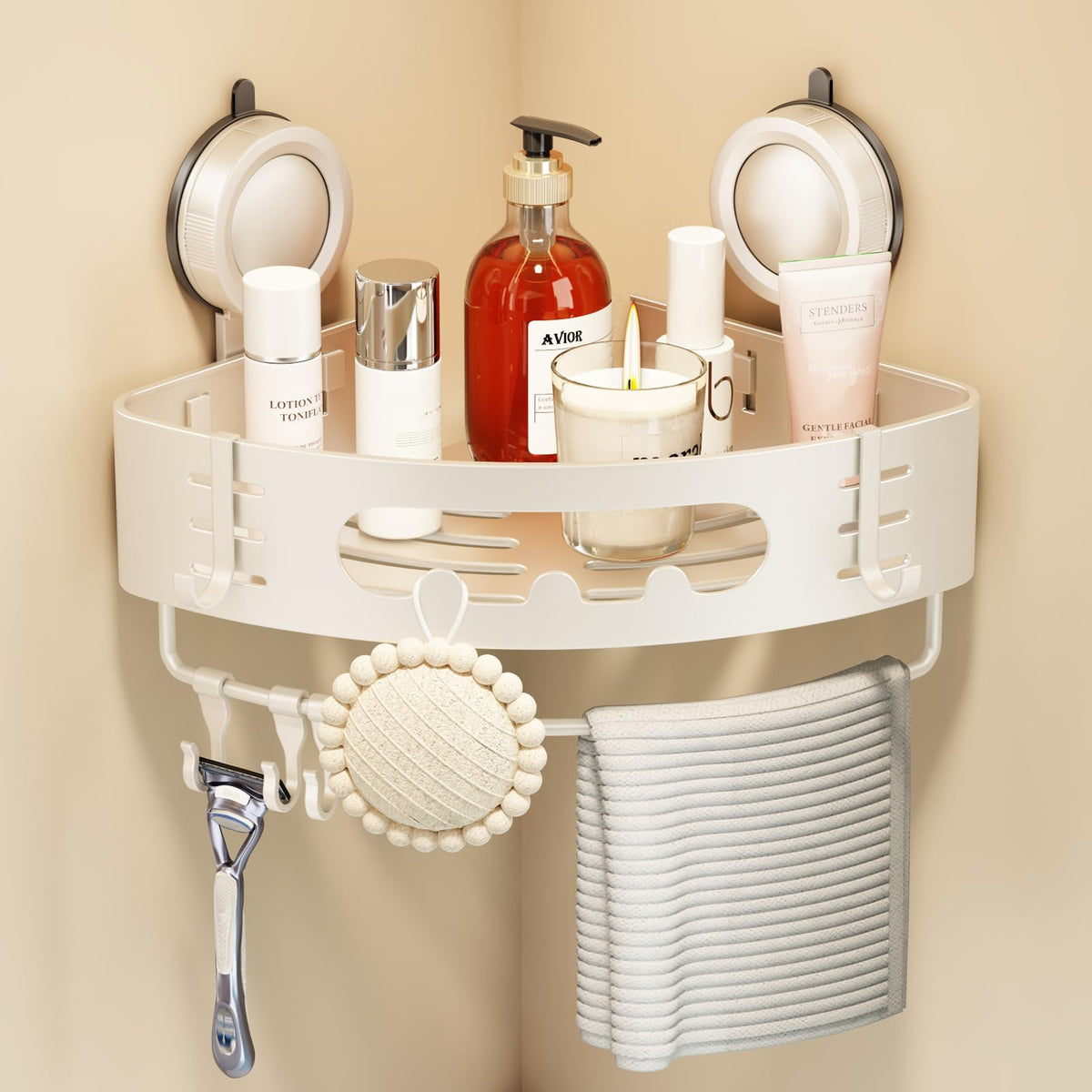 Voldra Corner Shower Caddy Suction Cup, Aluminum Corner Shower Shelves for Wall No Drilling, Large Suction Cup Shower Organizer with Towel Bar & Hooks Removable Bathroom Storage Rack(2 Pack-Gray)