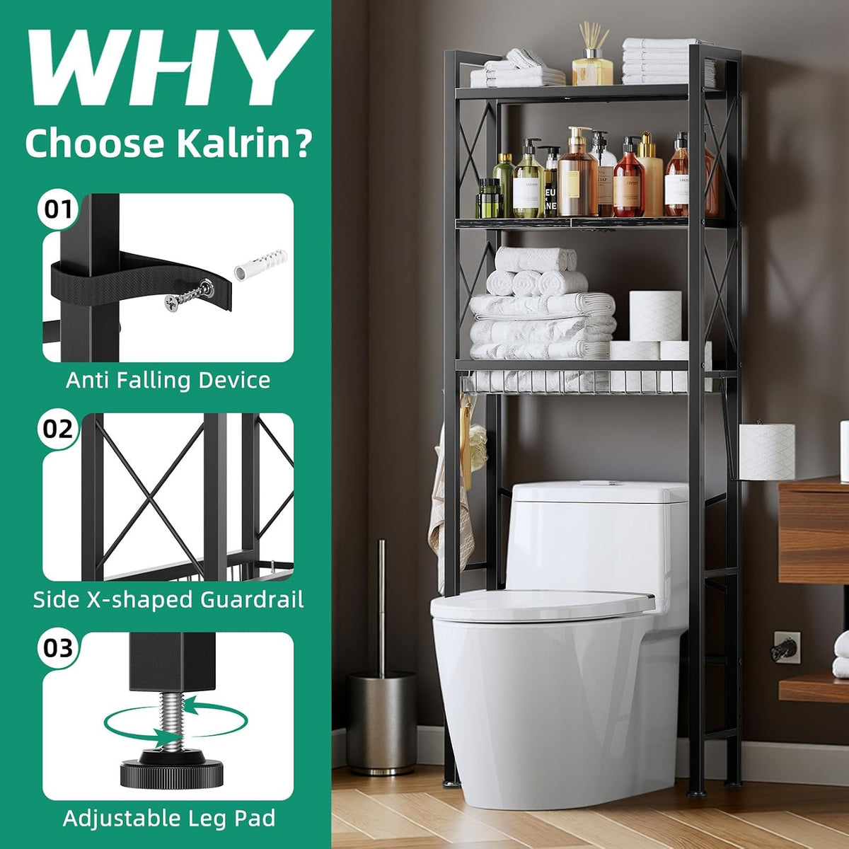 Kalrin Over The Toilet Storage with X Shape Side Guardrail, 3-Tier Over Toilet Storage Rack with Drain Basket, Freestanding Bathroom Organizer for Balcony Laundry, Pure Black