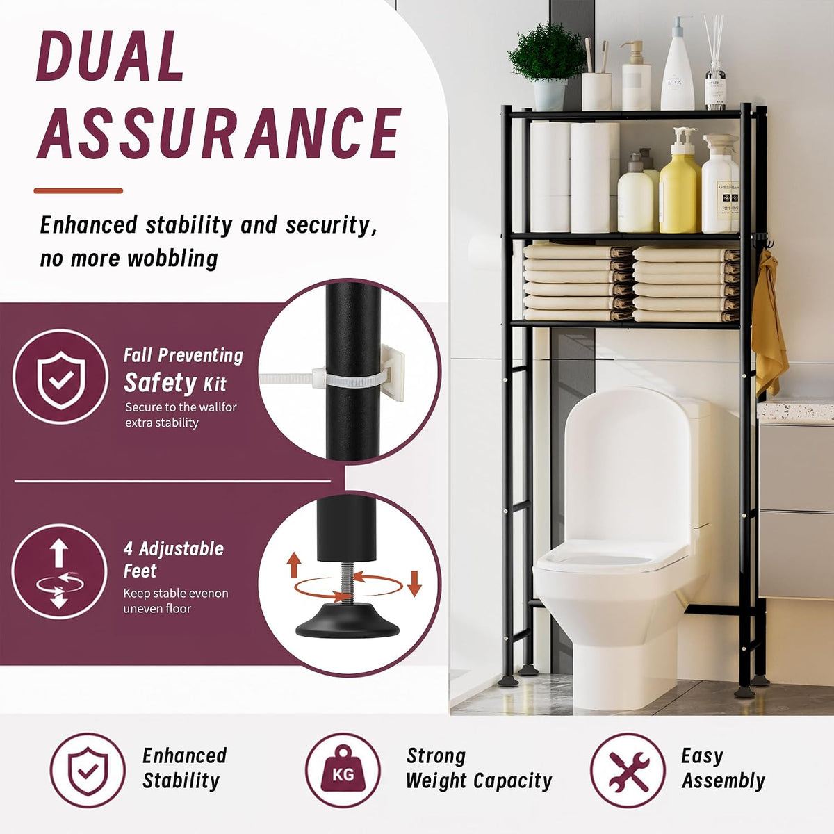 3-Tier Over The Toilet Storage Cabinet with Paper Holder and 4 Hooks, Metal Over Toilet Bathroom Organizer and Storage Shelf, Bathroom Shelves for Living Room/Laundry/Balcony(Black)