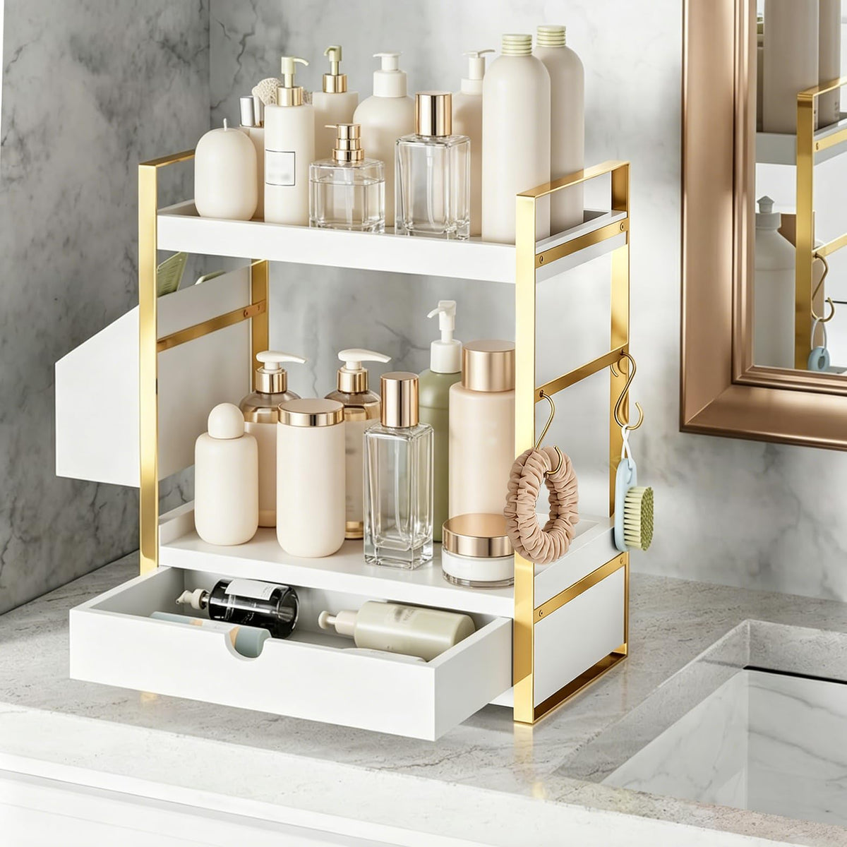 2-Tier Bathroom Counter Organizer, Wooden Vanity Shelf with Drawer & Basket