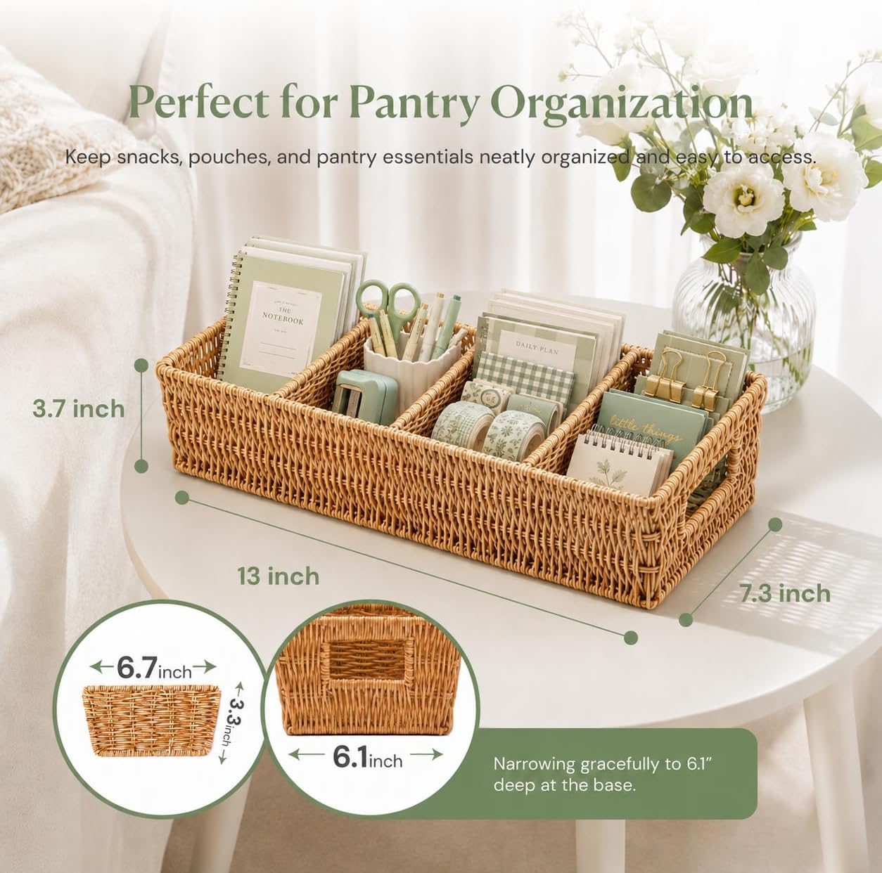 2PCS Rattan Pantry Organizer Baskets with Removable Dividers